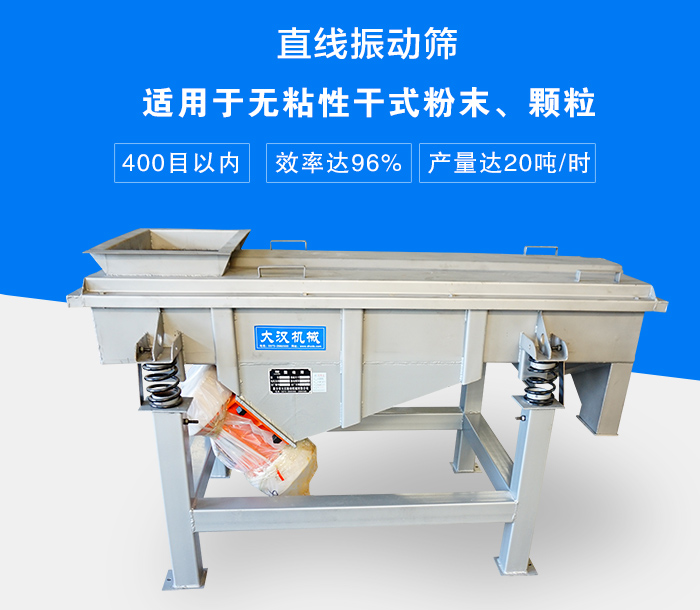 直線振動篩適用于無粘性干式粉末、顆粒，產(chǎn)量達20噸/時