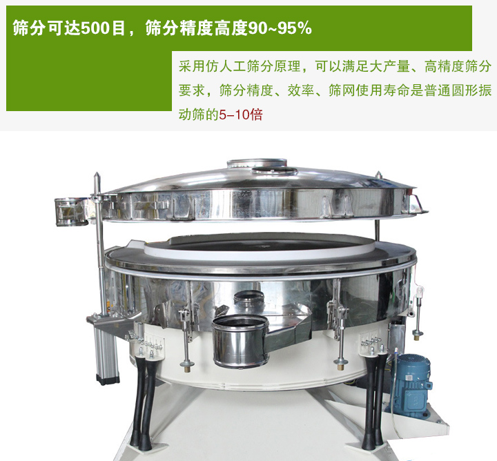 搖擺篩分機采用仿人工篩分原理，可以滿足大產(chǎn)量、高精度篩分 要求，篩分精度、效率、篩網(wǎng)使用壽命是普通圓形振 動篩的5-10倍