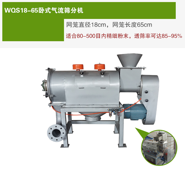 WQS18-65臥式氣流篩分機網(wǎng)籠直徑為18cm，網(wǎng)籠長度為65cm
